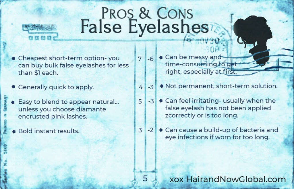 pros-and-cons-false-eyelashes written on vintage blue postcard with scoring
